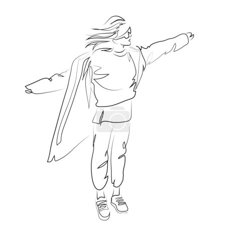 Téléchargez les illustrations : Illustration vectorielle de mode abstraite d'une jeune femme abstraite portant des vêtements urbains décontractés hors saison, croquis rapide - en licence libre de droit
