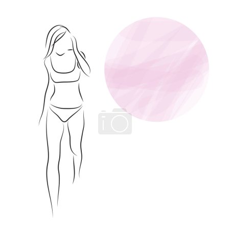 Illustration for Abstract fashion illustration of abstract young woman wearing swimsuit walking on the beach by the sea or by the pool, quick sketch, vector illustration. Summer girl - Royalty Free Image