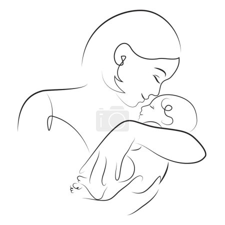 Mutter kümmert sich um ihr neugeborenes Baby. Frau umarmt kleines Kind, abstrakte Porträtzeichnung mit Linien, schnelle Skizze, Mutterschaftskonzept
