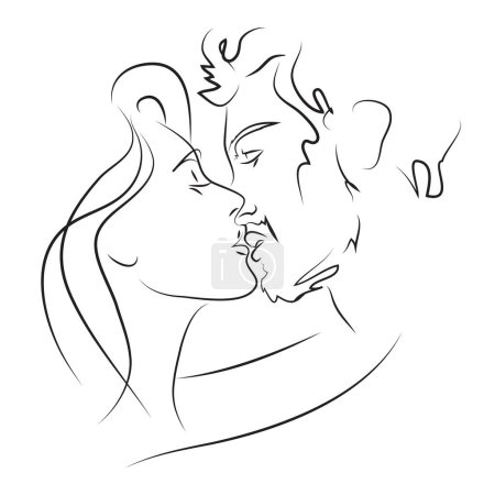 Un beso. Dos caras de hombre y mujer dibujando con líneas, concepto de belleza y amor, minimalista, ilustración vectorial