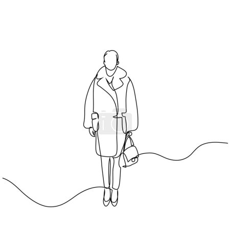 Ilustración de Mujer joven abstracta que usa ropa urbana informal fuera de temporada y calles peatonales, ilustración de moda moderna dibujada a mano, boceto rápido, ilustración vectorial con espacio de copia para mensaje publicitario - Imagen libre de derechos