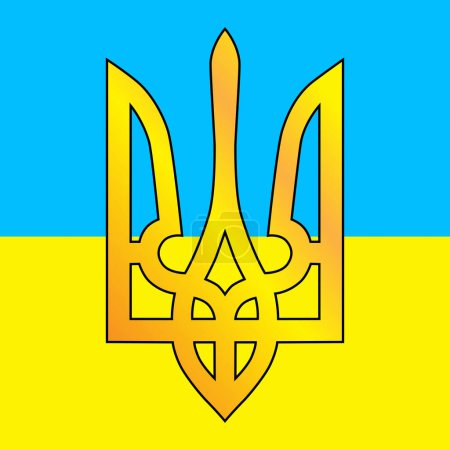 Ilustración de Tridente de emblema nacional sobre bandera azul-amarilla de Ucrania, ilustración vectorial. - Imagen libre de derechos