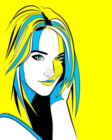 Téléchargez les illustrations : Une Ukrainienne. Portrait bleu et jaune de jeune belle femme, illustration vectorielle - en licence libre de droit