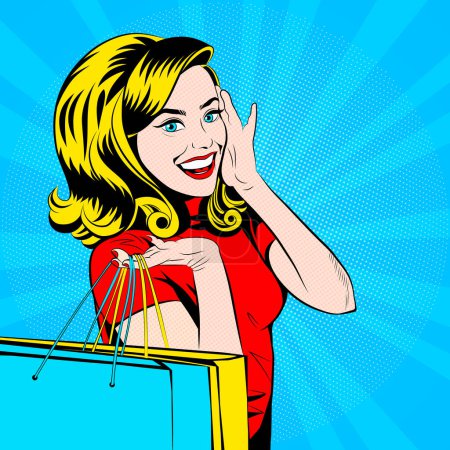 Illustration for Happy excited pop art girl smiling and holding shopping bags in her hand. Sales. Blue, red, yellow portrait of young beautiful surprised woman, vector illustration, retro style stylization of the 50s of 20th century - Royalty Free Image