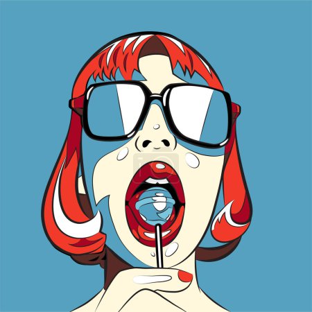 Mädchen mit Bob-Frisur und Sonnenbrille leckt süßen Lutscher, Comic Pop Art Vektor Illustration