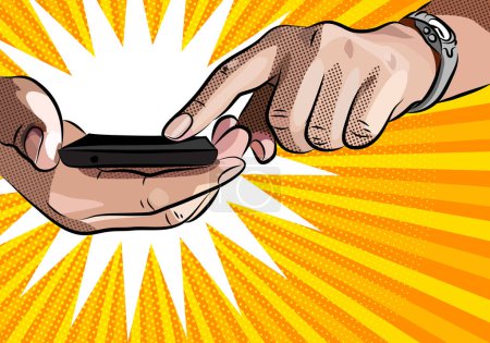 Illustration for Smartphone in male hands. Man touching phone with his finger, scrolls through pages, types text, rewrites or enters his data on the site, pop art comic vector illustraition with copy space for your advertising message. - Royalty Free Image