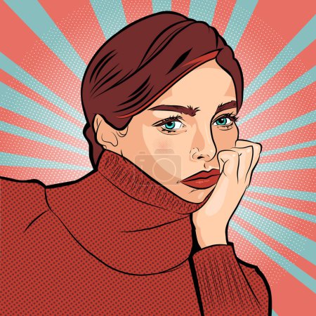 Illustration for Pop art girl bored upset girl thinking about something leaning head on hand. Portrait of young beautiful woman, vector illustration, retro style stylization of the 50s of 20th century - Royalty Free Image