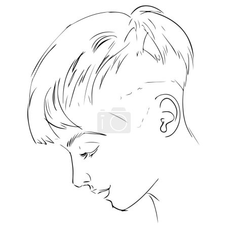 Illustration for Young attractive woman with short haircut in profile, abstract portrait,  line art, quick sketch, vector fashion illustration, female beauty minimalist, vector fashion illustration - Royalty Free Image