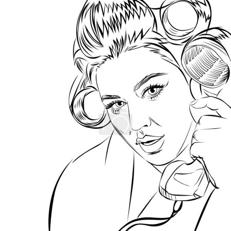 Illustration for Pop art attractive surprised woman in curlers talking retro phone, comic vector illustration, black and white sketch - Royalty Free Image