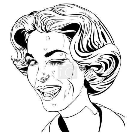Téléchargez les illustrations : Pop art femme avec coiffure rétro souriante et clin d'oeil en regardant la caméra, noir et blanc. Portrait de jeune belle fille gaie, stylisation de style rétro de l'illustration comique du 20ème siècle - en licence libre de droit