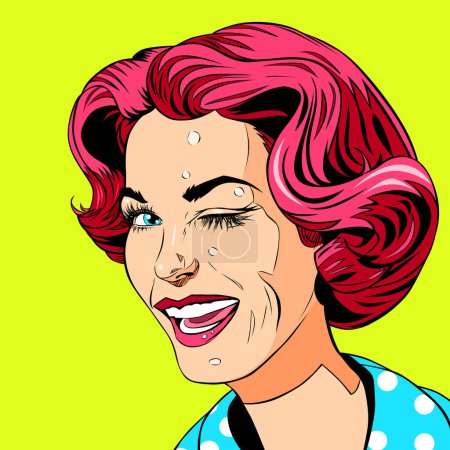 Illustration for Pop art woman with pink hair smiling and winkink looking at camera over vivid background. Portrait of young beautiful cheerful girl, retro style stylization of 20th century comic illustration - Royalty Free Image