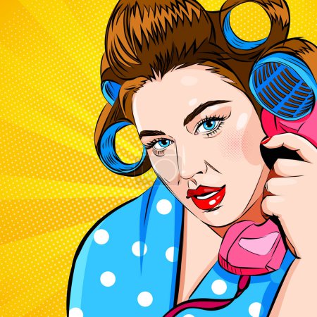 Illustration for Pop art attractive surprised woman with bue eyes, in curlers talking retro phone, comic vector illustration - Royalty Free Image