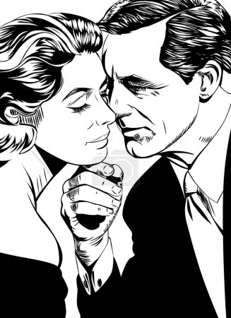 Beso apasionado, boceto en blanco y negro, ilustración de vectores cómicos. Hombre besando a una mujer rubia sobre el fondo de rayos de arte pop soleado. Retrato de pareja enamorada, estilización estilo retro de los años 50 del siglo XX