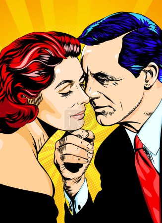 Passionate kiss, comic vector illustration. Man kissing a woman over sunny pop art rays background. Portrait of couple in love, retro style stylization of 50s 0f 20th century