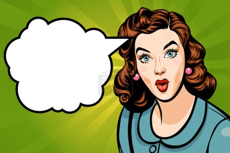 Illustration for Pop art young beautiful brunette woman with speech bubble and  'wow' or surprised facial expression over vivid green background with rays and copy space, retro style stylization, comic vector illustration - Royalty Free Image