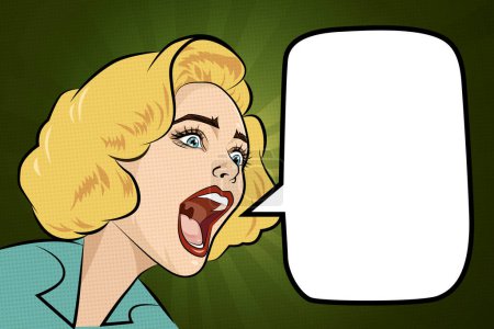 Téléchargez les illustrations : Pop art jeune belle femme blonde criant choquée par ce qu'elle a vu ou entendu avec bulle de parole sur fond vert comique avec rayons et espace de copie, stylisation de style rétro, illustration vectorielle - en licence libre de droit