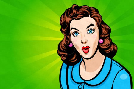Illustration for Pop art young beautiful brunette woman with 'wow' or surprised facial expression over vivid green background with rays and copy space, retro style stylization, comic vector illustration - Royalty Free Image