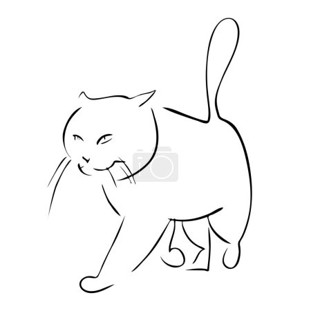 Téléchargez les illustrations : Portrait de chat marchant dessiné à l'encre, illustration vectorielle, croquis rapide, dessin au trait - en licence libre de droit