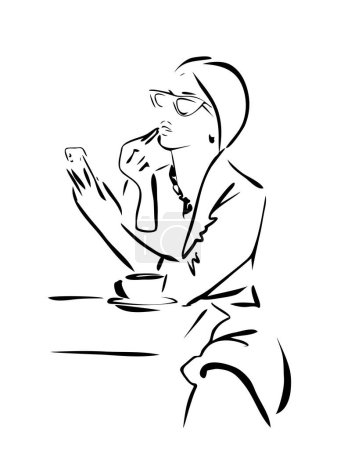 Ilustración de Mujer de moda con gafas de sol, café y lápiz labial mirando el teléfono inteligente en la cafetería, retrato abstracto, arte de línea, boceto rápido, ilustración de moda vectorial - Imagen libre de derechos