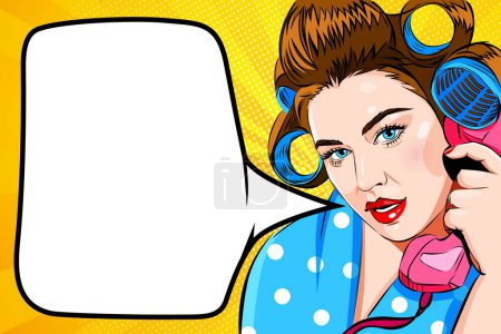 Illustration for Pop art attractive surprised woman with bue eyes and speeck bubble, in curlers talking retro phone, comic vector illustration - Royalty Free Image