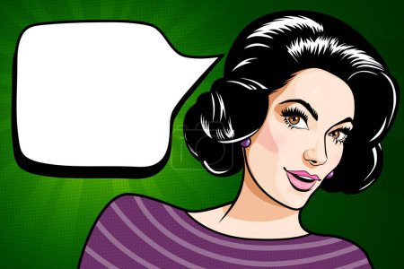 Illustration for Pop art young beautiful brunette woman with speech bubble and surprised facial expression over vivid green background with rays, retro style stylization, comic vector illustration - Royalty Free Image