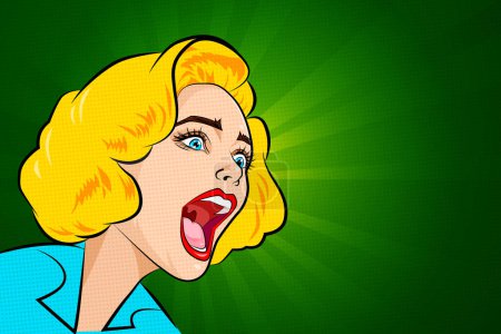 Illustration for Pop art young beautiful blonde woman screaming shocked by what she saw or heard over vivid green background with rays and copy space, retro style stylization, comic vector illustration - Royalty Free Image