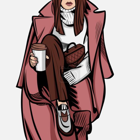 Téléchargez les illustrations : Illustration vectorielle de mode moderne d'une jeune femme abstraite portant un pantalon urbain élégant, un pull décontracté et un manteau élégant et buvant du café - en licence libre de droit