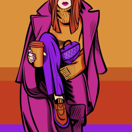 Téléchargez les illustrations : Illustration vectorielle de mode moderne d'une jeune femme abstraite portant un pantalon urbain élégant, un pull décontracté et un manteau élégant et buvant du café - en licence libre de droit