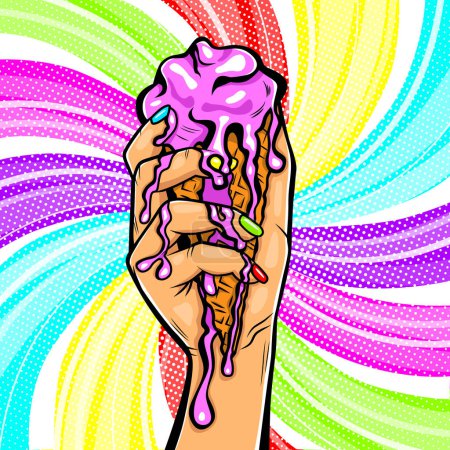 Ilustración de Derretimiento de helado rosa en un cono de gofre en la mano femenina sobre un fondo de color, ilustración de moda de arte pop vector - Imagen libre de derechos