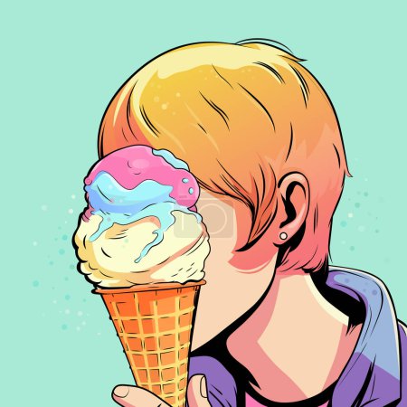Téléchargez les illustrations : Fille olding crème glacée dans un cône de gaufre sur un fond coloré, illustration vectorielle de mode pop art - en licence libre de droit