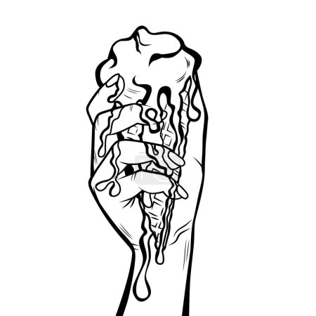 Téléchargez les illustrations : Crème glacée fondante dans un cône de gaufre à la main féminine, illustration vectorielle de mode pop art - en licence libre de droit