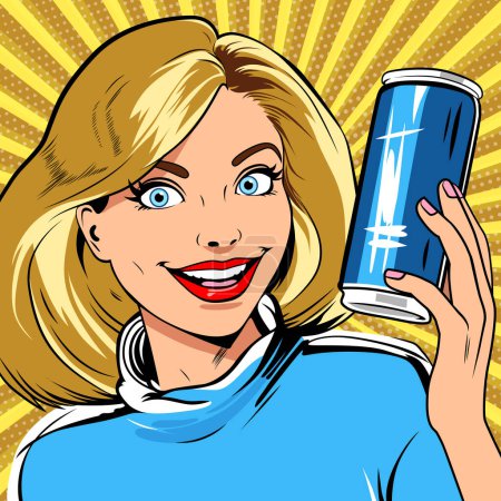 Illustration for Beautiful blonde fashion model drinks and demonstrates sweet carbonated drink, energy drink or beer, vintage pop art comic style, vector illustration - Royalty Free Image