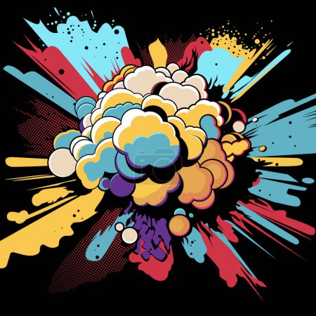 Téléchargez les illustrations : Explosion et fumée multicolore volant autour. Illustration vectorielle dans un style rétro comique, pop art, fond parfait pour une super offre - en licence libre de droit