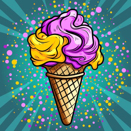 Ilustración de Arco iris apetitoso helado en un fondo de arte de overpop cono de gofre, ilustración de cómic vector - Imagen libre de derechos