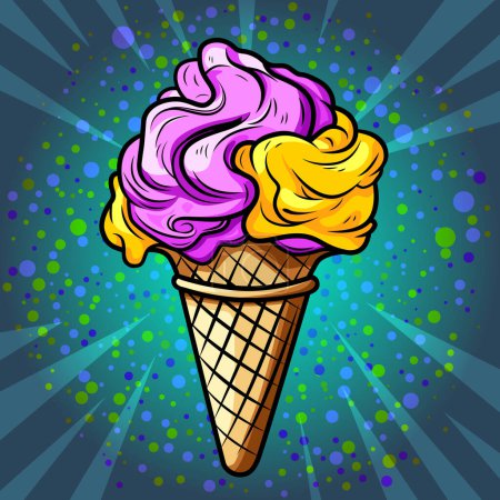 Ilustración de Arco iris apetitoso helado en una taza de gofres sobre fondo blanco, ilustración de cómic de arte pop vector - Imagen libre de derechos