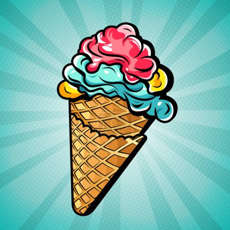 Ilustración de Arco iris apetitoso helado en un fondo de arte de overpop cono de gofre, ilustración de cómic vector - Imagen libre de derechos