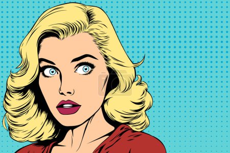 Téléchargez les illustrations : Surprise jeune belle femme blonde aux yeux bleus grands ouverts, illustration vectorielle dans un style pop art vintage comique - en licence libre de droit