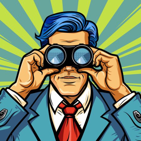 Illustration for Young male businessman in a suit looks out through binoculars for competitors and new horizons, vector illustration in comic vintage style - Royalty Free Image