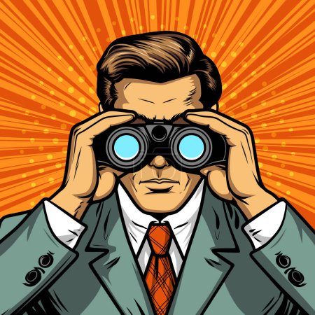 Illustration for Young male businessman in a suit looks out through binoculars for competitors and new horizons, vector illustration in comic vintage style - Royalty Free Image