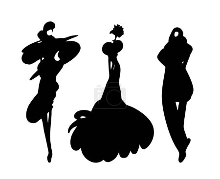 Téléchargez les illustrations : Modèles de mode silhouettes, esquisse dessinée à la main. Portraits féminins abstraits, design contemporain, illustration vectorielle - en licence libre de droit