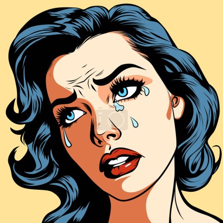 Crying young beautiful woman, vector illustration in vintage pop art comic style