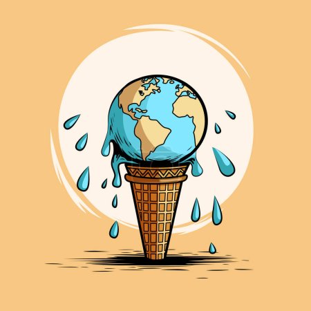 Ilustración de El planeta Tierra se está derritiendo como un helado en un cono de gofre, una catástrofe ecológica a escala planetaria, el calentamiento global y los glaciares que se derriten, ilustración vectorial cómica - Imagen libre de derechos