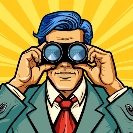 Illustration for Handsome male businessman in a suit looks out through binoculars for competitors and new horizons, vector illustration in comic vintage style - Royalty Free Image