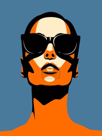 Junge schöne Modefrau mit Sonnenbrille, die nach oben schaut. Abstraktes Frauenporträt, zeitgenössisches Design, Vektorillustration