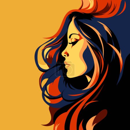 Perfil de la joven hermosa mujer de moda con el pelo largo. Retrato femenino abstracto, diseño contemporáneo, ilustración vectorial