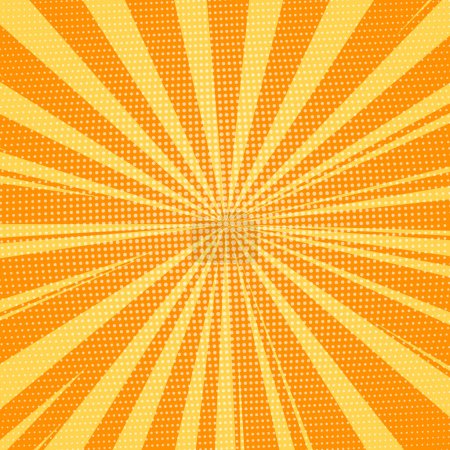Téléchargez les illustrations : Bande dessinée lumineuse fond orange pop art, illustration vectorielle dans un style rétro. Rayons divergeant du centre à la périphérie sur fond de bandes dessinées vintage demi-teintes - en licence libre de droit