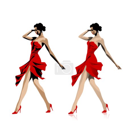 Ilustración de Joven hermosa mujer bailando vistiendo vestido rojo y tacones altos. Retrato femenino abstracto, diseño contemporáneo, ilustración vectorial - Imagen libre de derechos