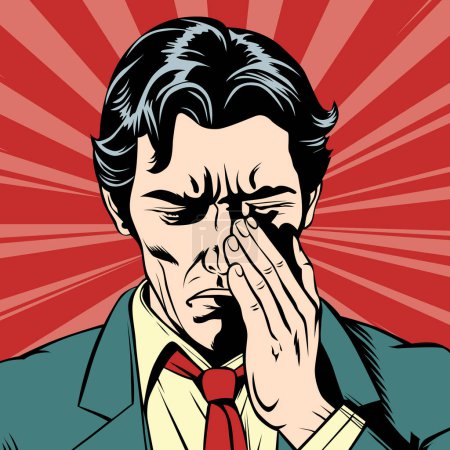 Illustration for Crying businessman wipes away tears with his hand, vector illustration in vintage pop art comic style - Royalty Free Image