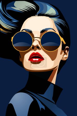 Joven hermosa mujer de moda con gafas de sol y pelo largo. Retrato femenino abstracto, diseño contemporáneo, ilustración vectorial
