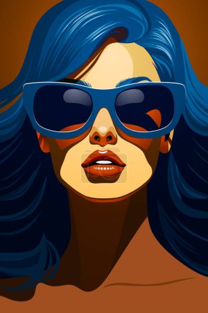 Joven hermosa mujer de moda con gafas de sol y pelo largo. Retrato femenino abstracto, diseño contemporáneo, ilustración vectorial